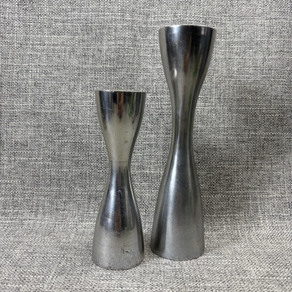 IHI Mid Century Modern Silver Cast Aluminum Hourglass Candlestick Holders Set 2